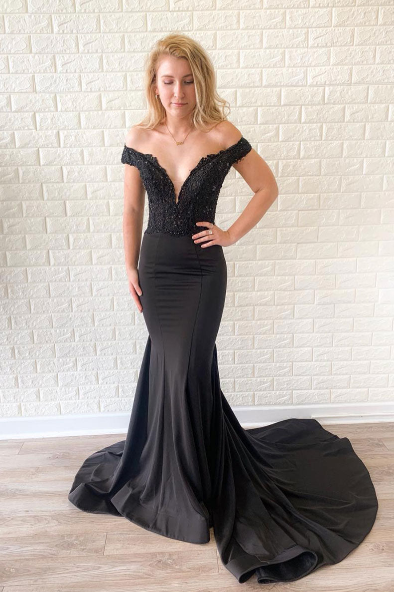 Black mermaid lace long prom dress, black evening dress