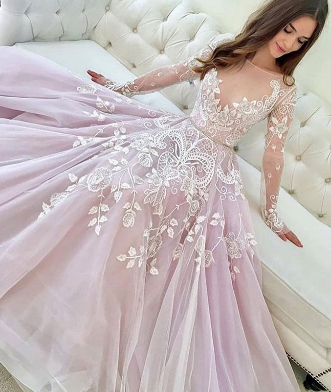 Pink round neck tulle lace long prom dress, pink evening dress - shdress