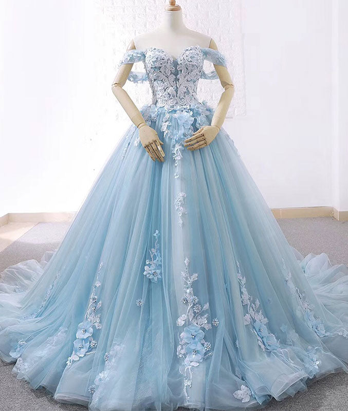 Blue sweetheart tulle lace long prom dress, blue wedding dress - shdress