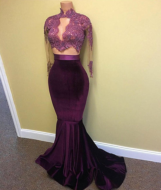 Unique velvet two pieces lace mermaid long prom dress shdress Unique velvet two pieces lace mermaid long prom dress shdress