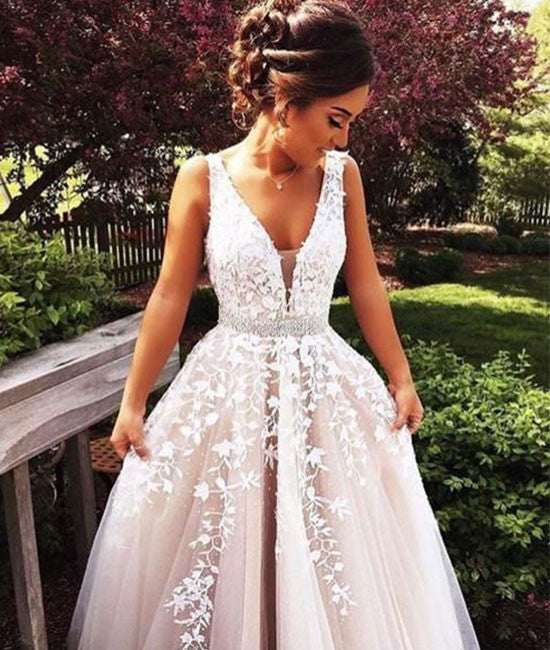 
                  
                    custom made v neck lace tulle long prom dress, formal dress - shdress
                  
                