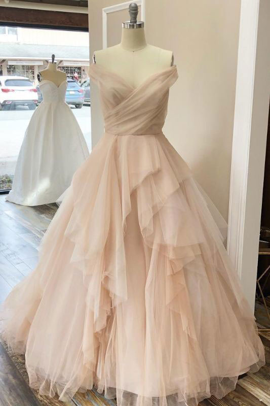 Champagne sweetheart tulle long prom dress tulle formal dress
