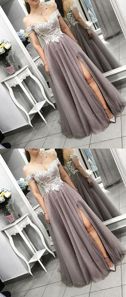 
                  
                    Gray tulle lace long prom dress, gray lace evening dress - shdress
                  
                