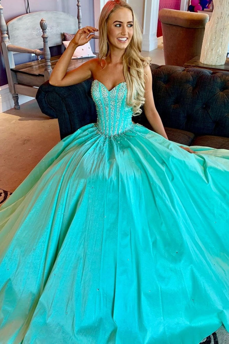 Blue sweetheart beads long prom dress, blue evening dress