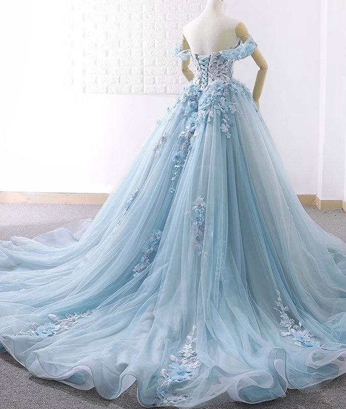 Blue sweetheart tulle lace long prom dress, blue wedding dress - shdress