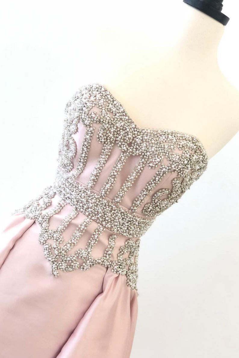 pink sweetheart neck beads long prom dress, pink evening dress – shdress pink sweetheart neck beads long prom dress, pink evening dress – shdress
