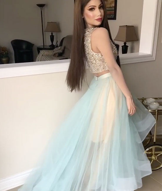 Cute two pieces tulle sequin long prom dress, formal dresses - shdress