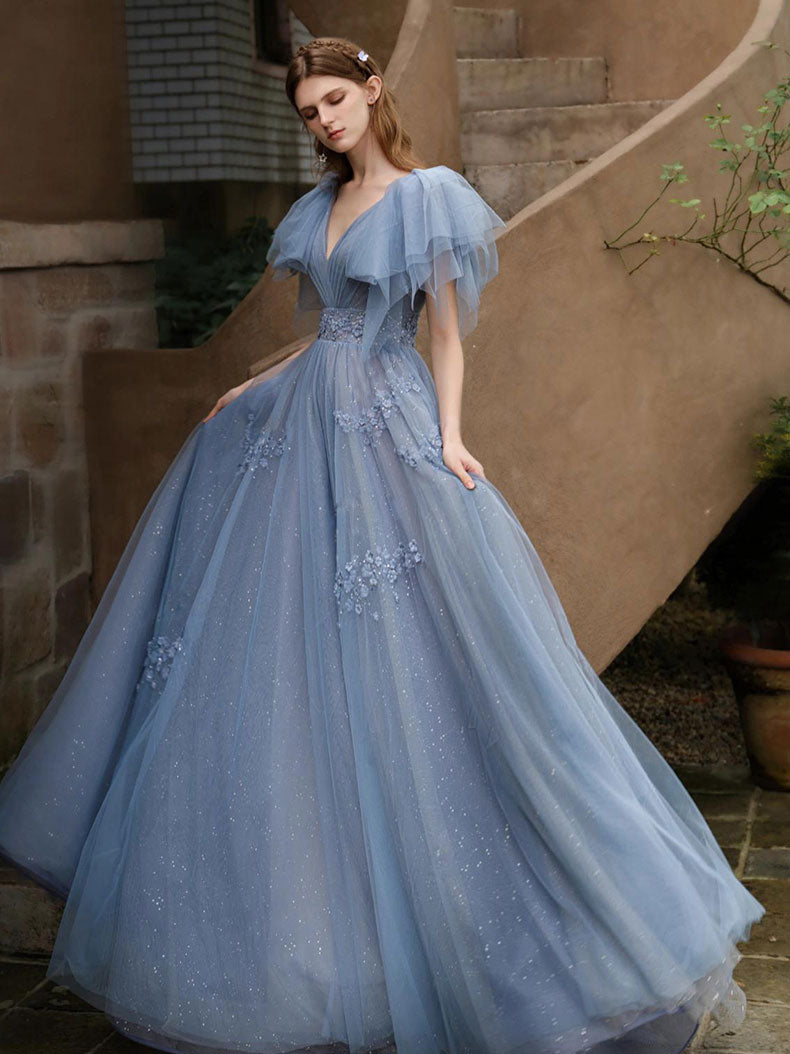 long dress with tulle Blue A line tulle long prom dress blue formal party dress – shdress