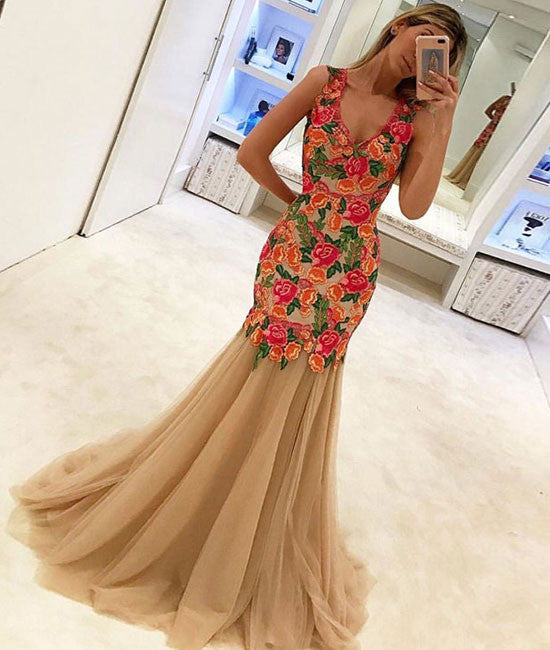 unique lace applique tulle long prom dress, evening dress - shdress