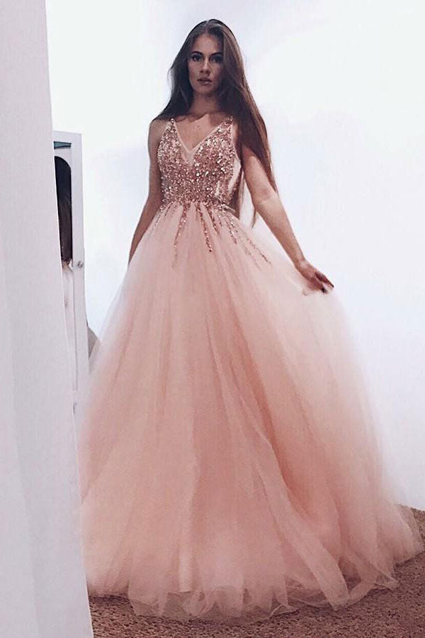 
                  
                    Unique v neck tulle beads long prom dress, tulle evening dress
                  
                