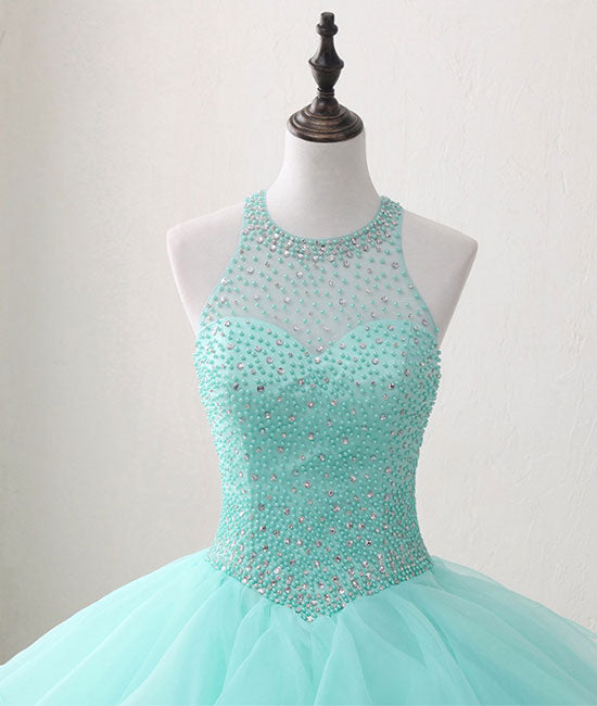 
                  
                    Cute green round neck tulle beads long prom dress, sweet 16 dress - shdress
                  
                