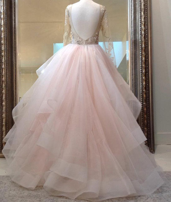 
                  
                    Unique champagne pink tulle lace long prom dress, pink evening dress - shdress
                  
                