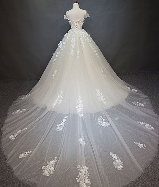 White tulle lace applique long prom dress, white lace wedding dress - shdress