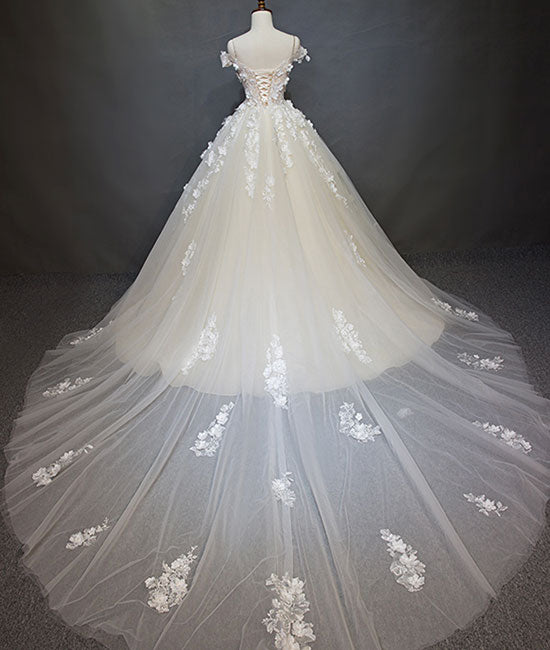 Elegant White Tulle Lace Appliques Long Sleeves Prom Dress A Line Evening Dress Y8514