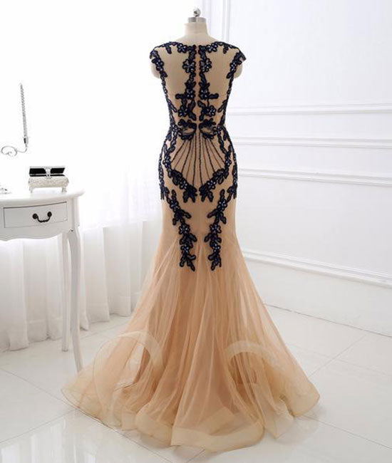 Champagne v neck lace applique mermaid long prom dress - shdress