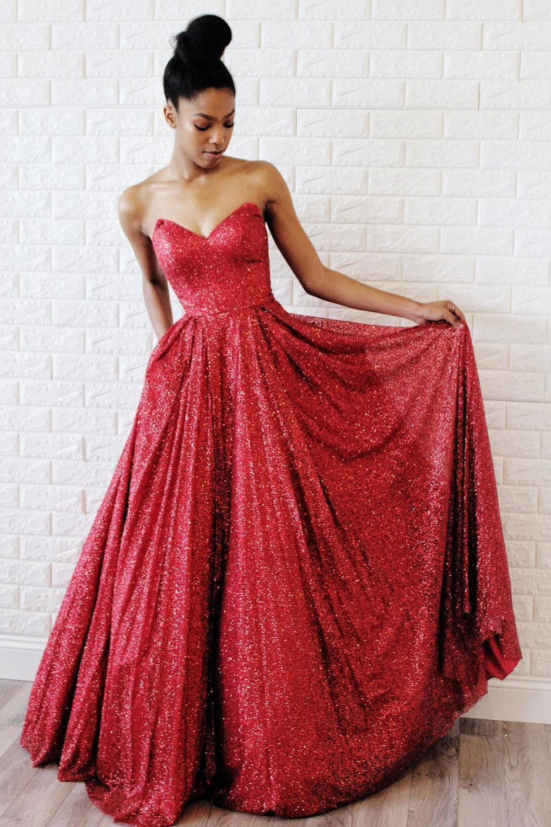 Burgundy sweetheart sequin long prom dress, evening dress