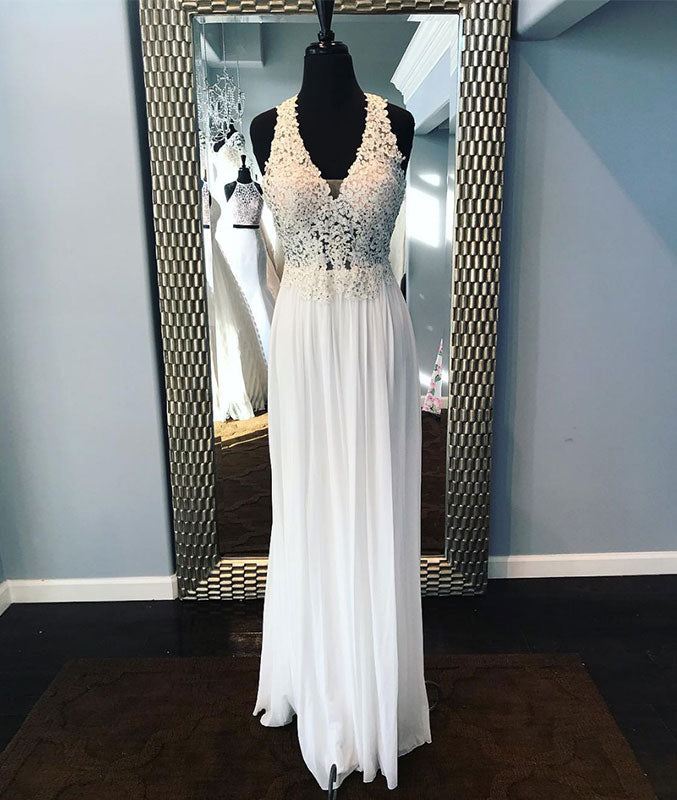 White v neck lace long prom dress, white lace evening dress shdress White v neck lace long prom dress, white lace evening dress shdress