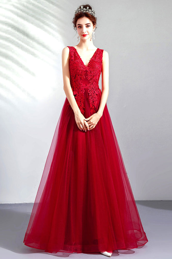 
                  
                    Burgundy v neck tulle lace long prom dress, burgundy evening dress
                  
                