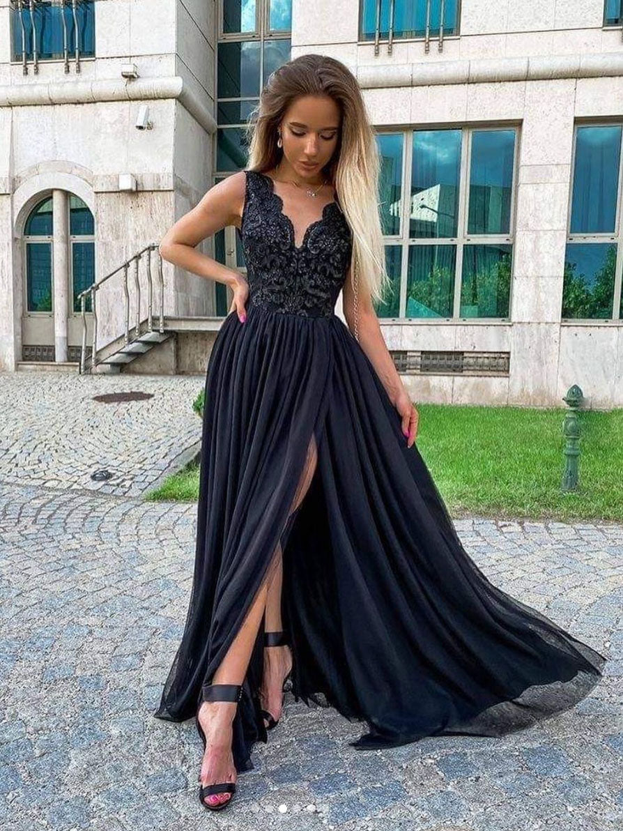 Black v neck chiffon lace long prom dress, black evening dress – shdress