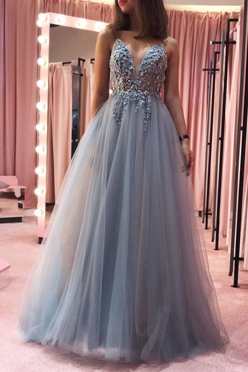 Gray v neck tulle lace long prom dress gray tulle formal dress shdress Gray v neck tulle lace long prom dress gray tulle formal dress shdress