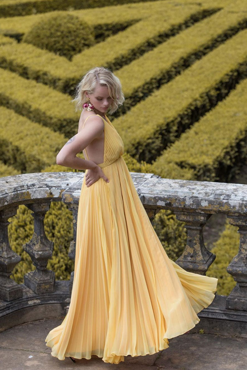 Yellow chiffon long prom dress, yellow evening dress