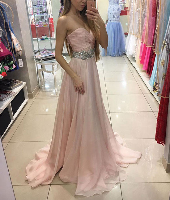 Sweetheart pink chiffon long prom dress, pink formal dress - shdress