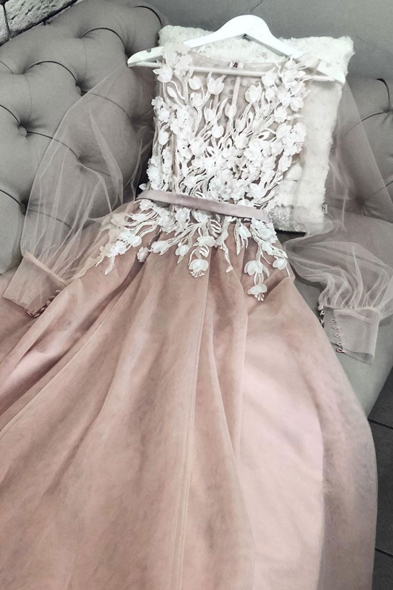 Champagne round neck tulle lace long prom dress, tulle evening dress