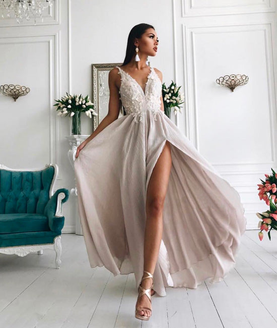 Simple v neck lace chiffon long prom dress, evening dress - shdress