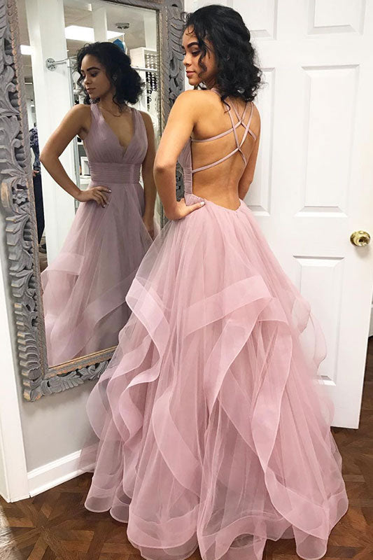 
                  
                    Simple pink tulle long prom dress, pink tulle evening dress
                  
                