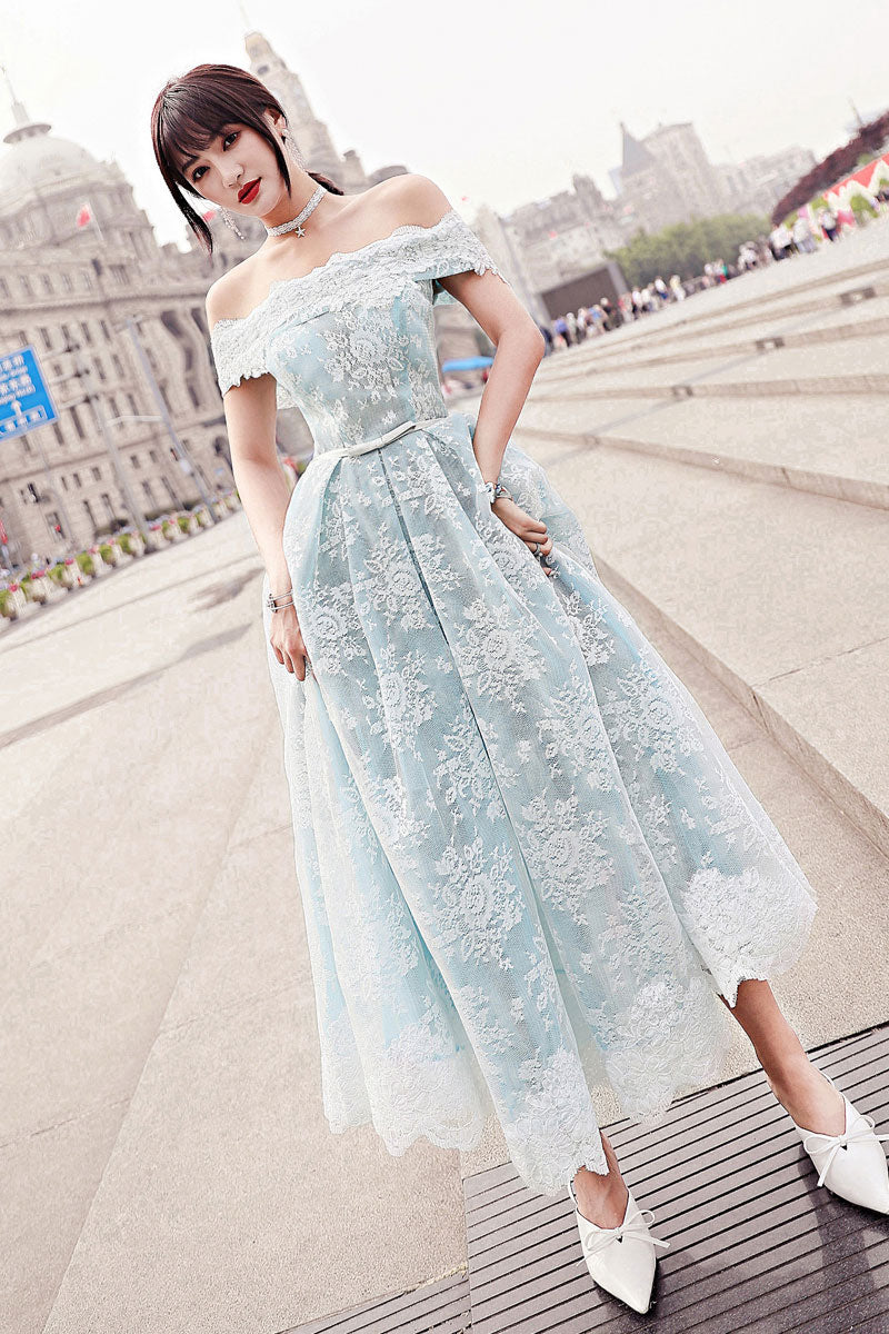 Blue tulle lace tea length prom dress, blue tulle lace evening dress shdress Blue tulle lace tea length prom dress, blue tulle lace evening dress shdress