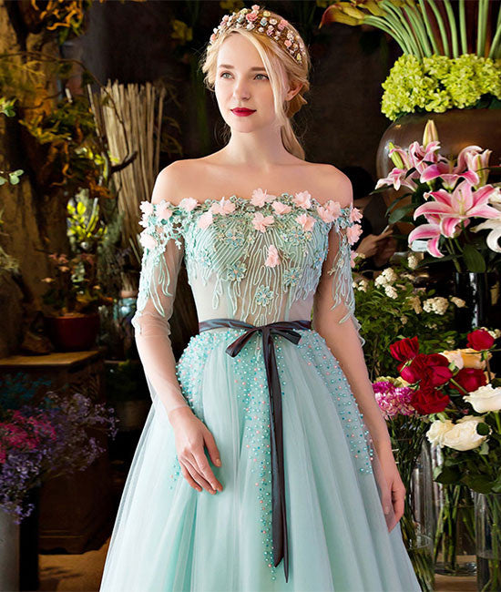 Unique green lace tulle long prom dress, green evening dress shdress Unique green lace tulle long prom dress, green evening dress shdress