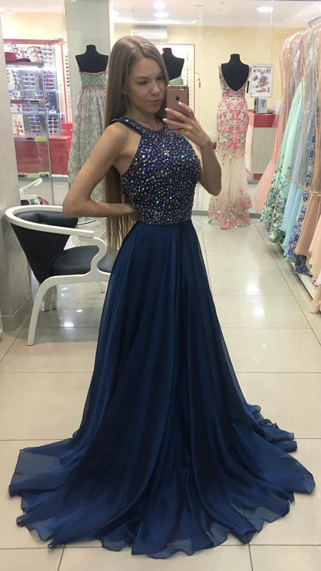 dark blue long dress A-line Navy Satin Party Prom Dress, Navy Blue Evening Cutedressy Up Back Embellishment Dark blue beads chiffon A-line