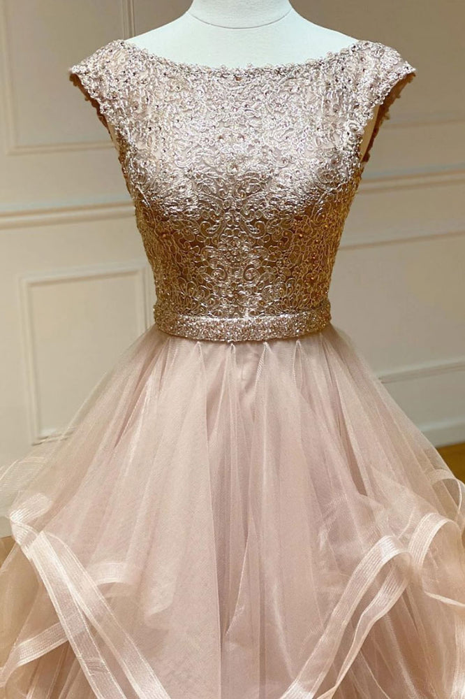 
                  
                    Champagne round neck tulle lace long prom dress evening dress
                  
                