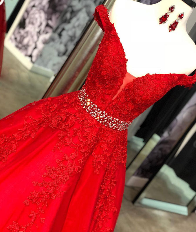 
                  
                    Red v neck tulle lace long prom dress, red tulle evening dress - shdress
                  
                
