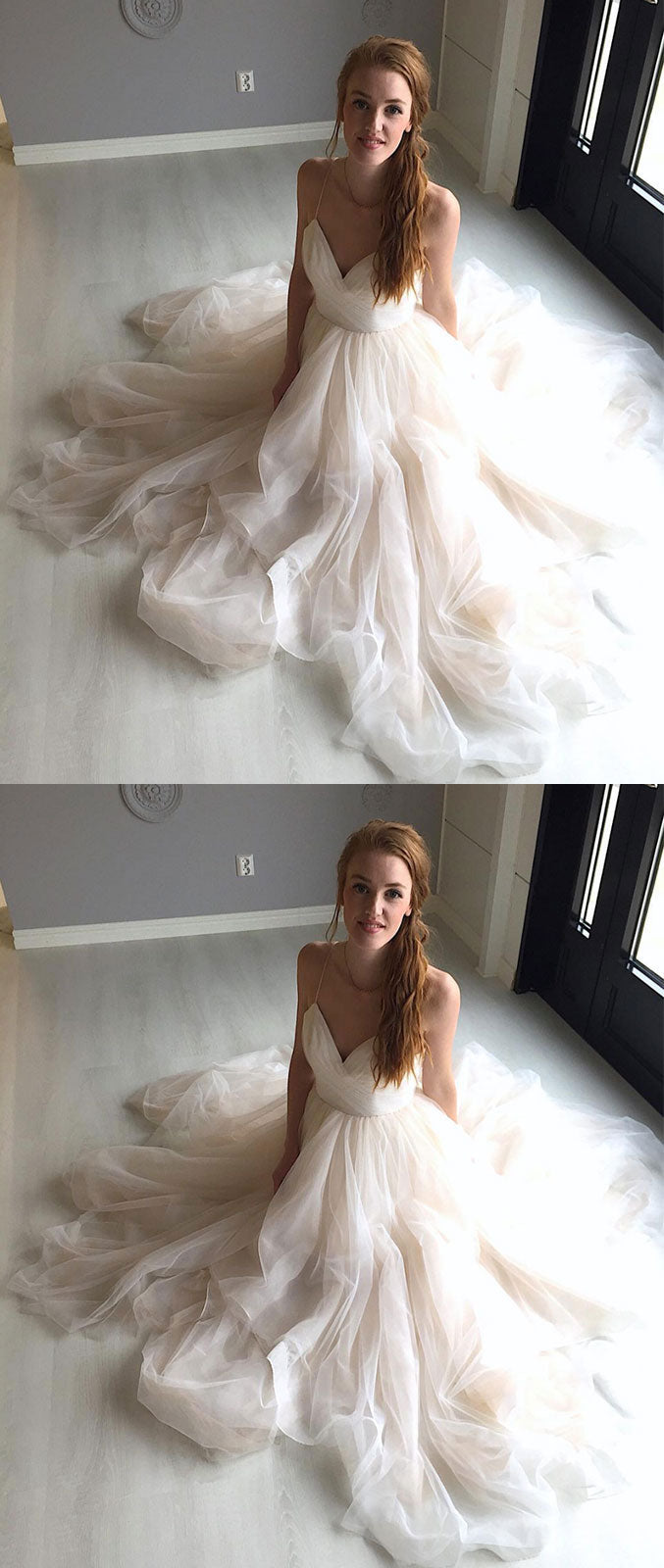 Light champagne tulle long prom dress, champagne evening dress