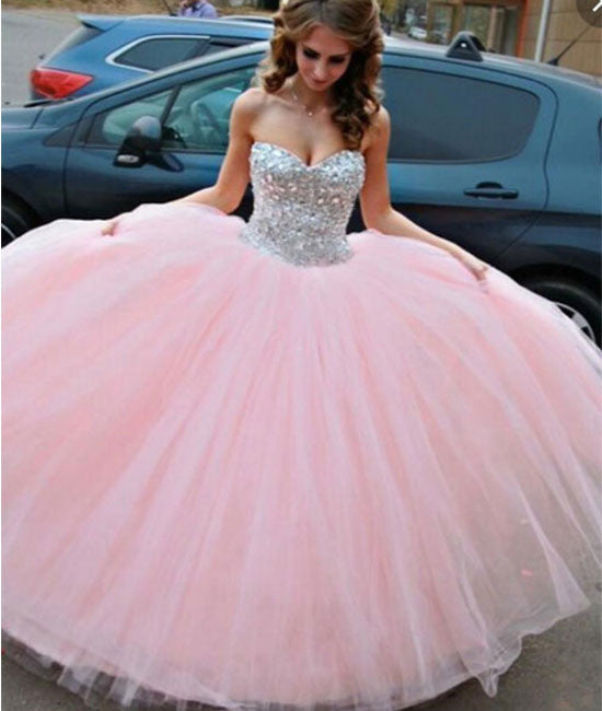 Sweetheart Neck Rhinestone Tulle Long Pink Prom Gown, Evening Dress - shdress