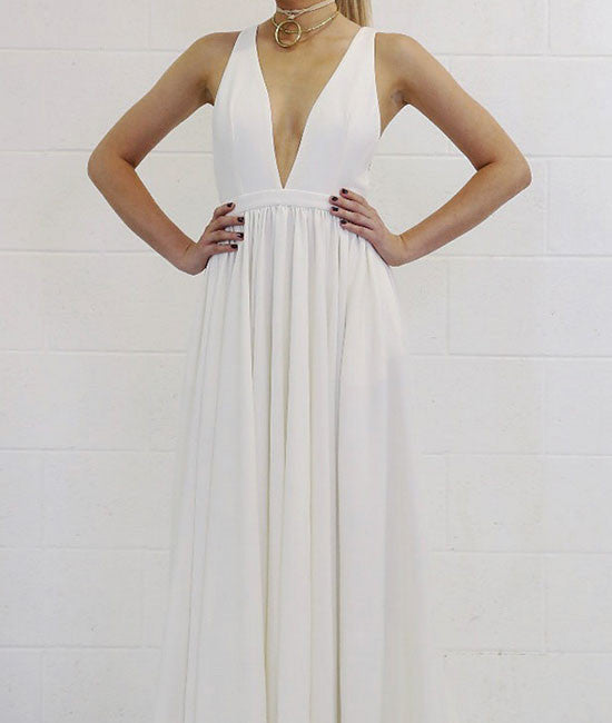 White v neck backless long prom dress, white evening dress - shdress