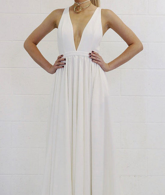 
                  
                    White v neck backless long prom dress, white evening dress - shdress
                  
                