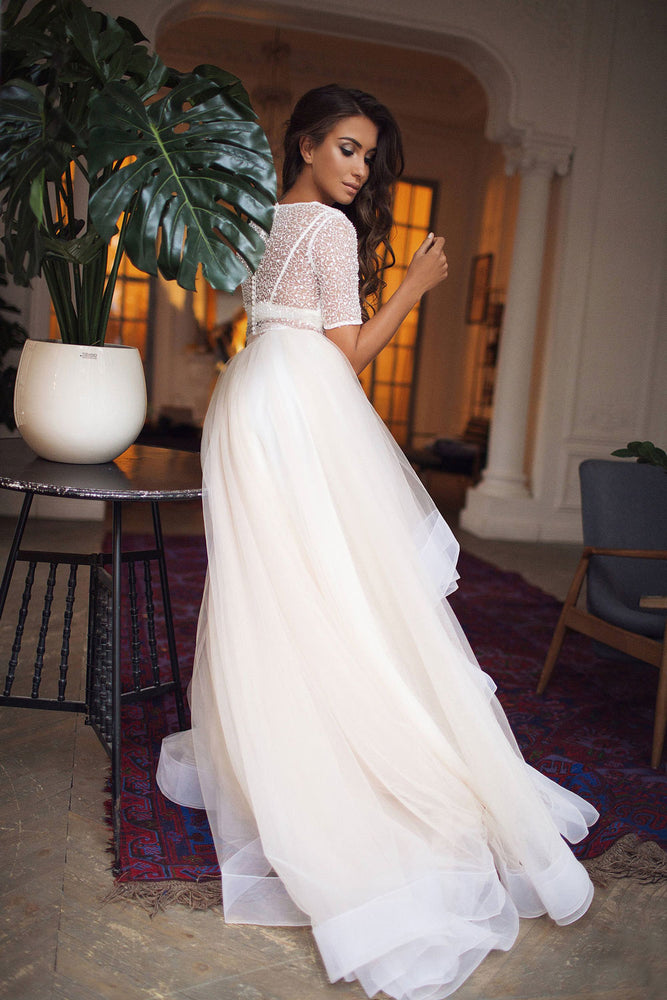 Beige two pieces tulle long prom dress beige formal dress shdress Beige two pieces tulle long prom dress beige formal dress shdress