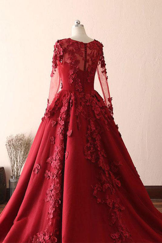 
                  
                    Burgundy round neck lace long prom dress burgundy evening dress
                  
                
