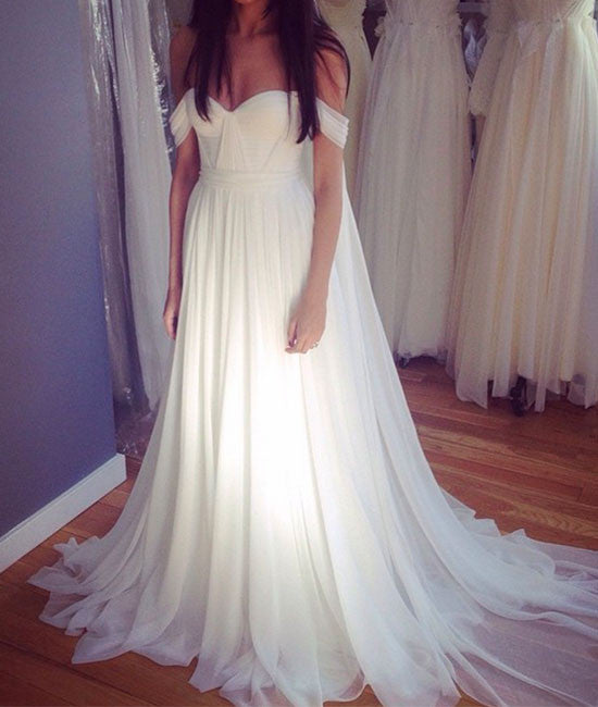 White off shoulder chiffon long prom dress, white bridesmaid dress - shdress