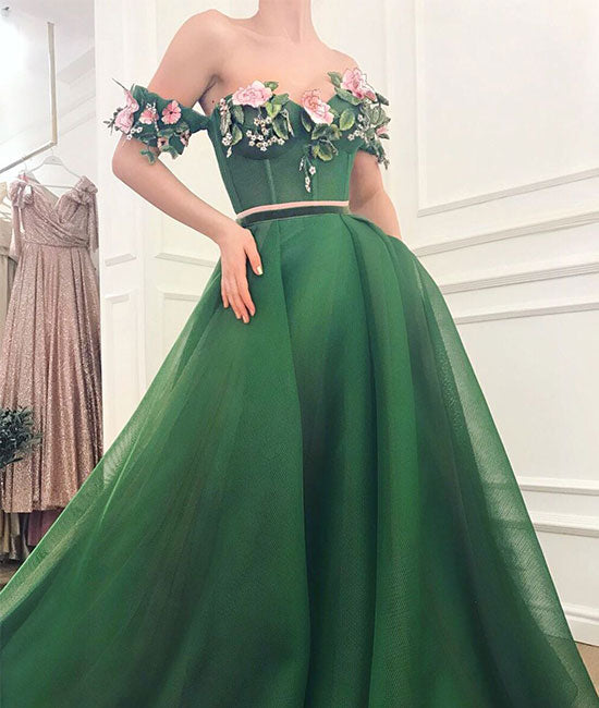 Green sweetheart off shoulder long prom dress, green evening dress - shdress