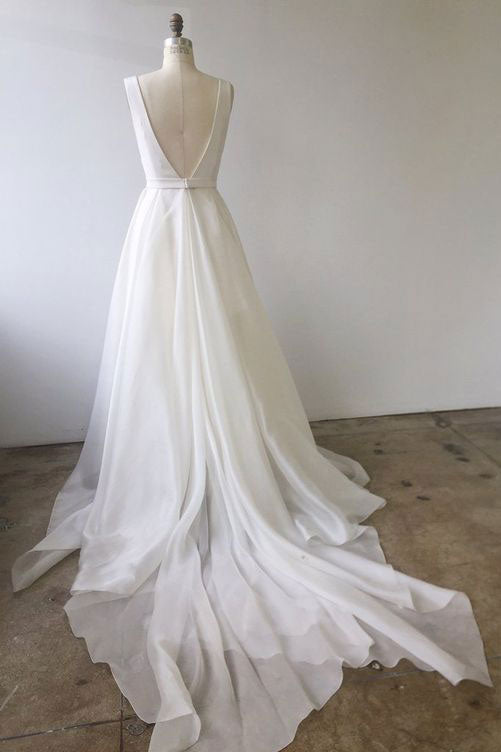 Simple white v neck tulle long prom dress, white evening dress