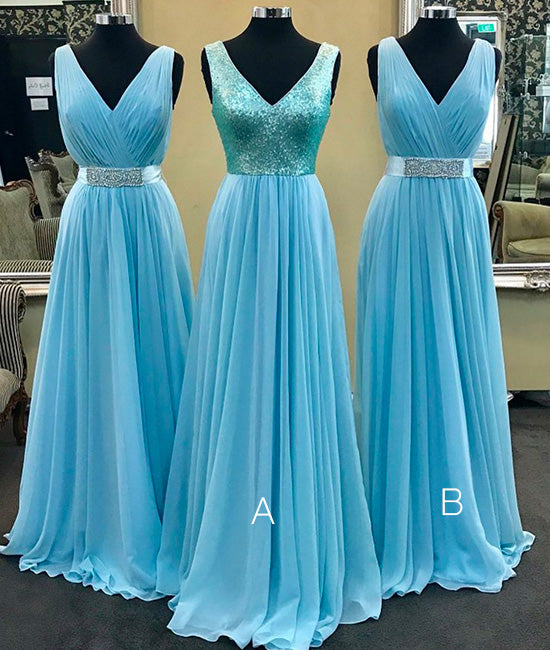 Blue v neck chiffon long prom dress, blue bridesmaid dress - shdress