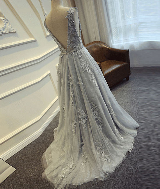 A-line round neck tulle lace long gray prom dress, bridesmaid dress shdress A-line round neck tulle lace long gray prom dress, bridesmaid dress shdress