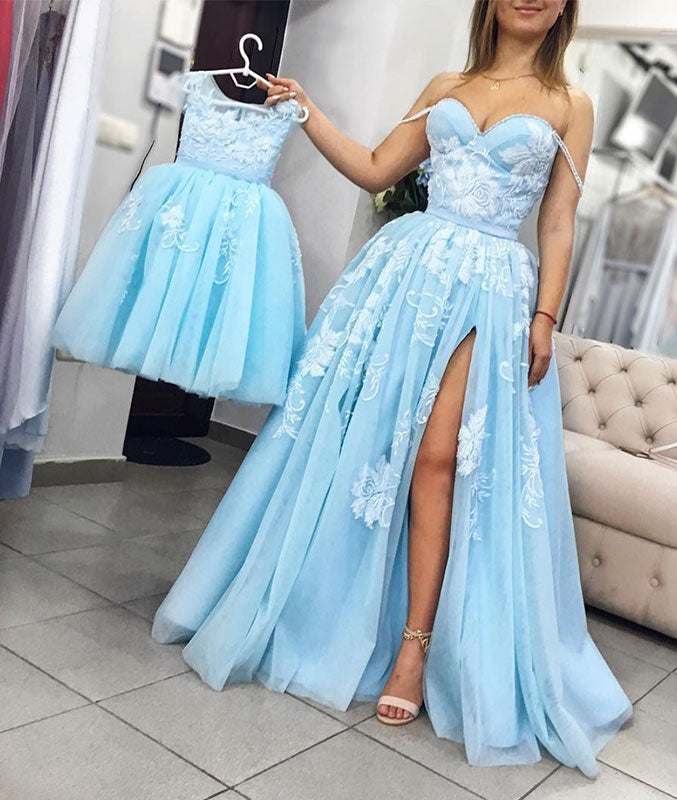 Blue tulle lace long prom dress, blue tulle lace evening dress - shdress
