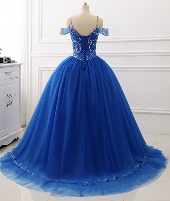 Blue sweetheart beads sequin long prom gown, blue evening dress - shdress