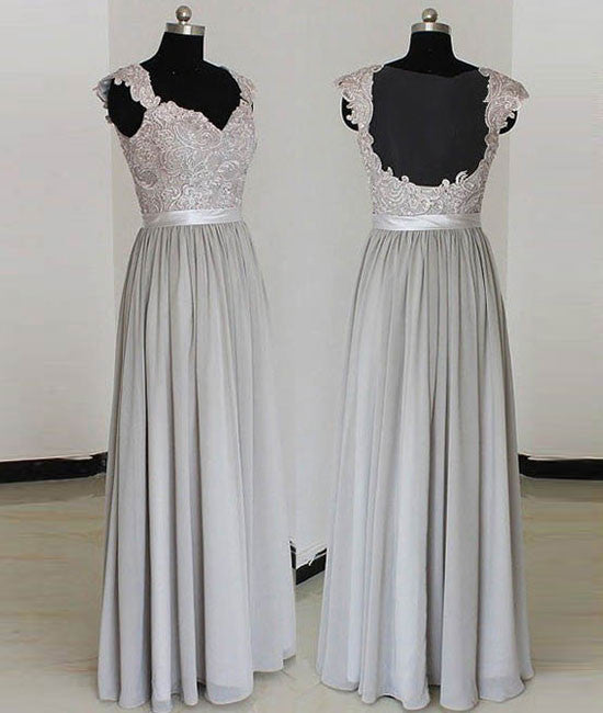 A-line gray long prom dress, gray lace bridesmaid dress - shdress
