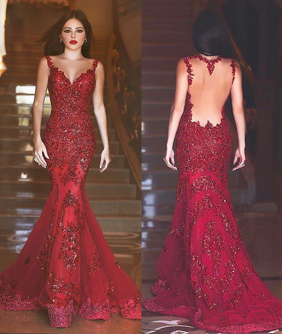 Red lace sequin long mermaid long prom dress, formal dress - shdress
