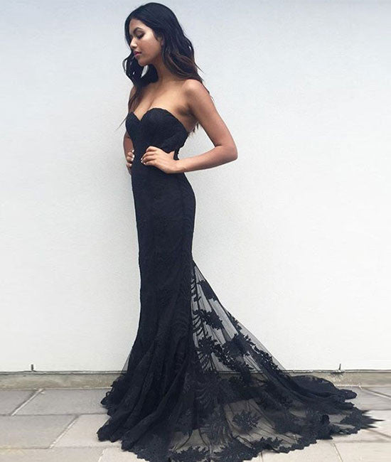 Black sweetheart neck lace train long prom dress, black evening dress - shdress